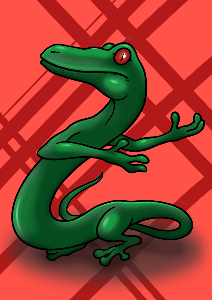 A green salamander dancing against a red background wirh darkes red diagonal stripes